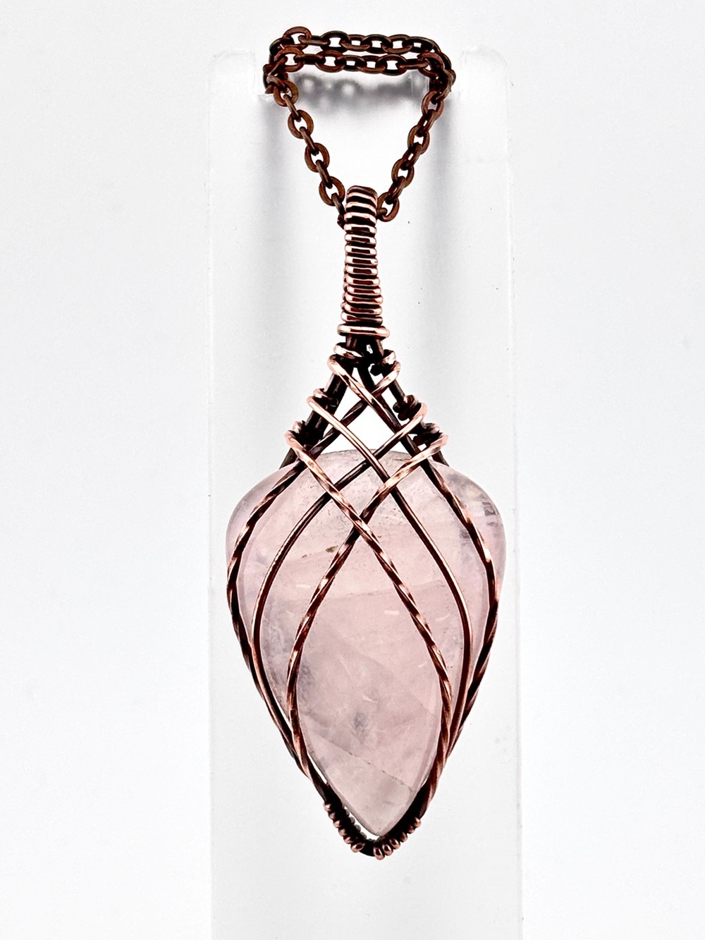 HANDMADE Rose Quartz Copper Wire Wrapped Pendant Necklace, Artisan Jewelry Gift